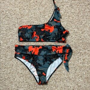 Women’s XL Orange/ Black Asymmetrical Side tie fold down bottom Bikini Swim NWOT